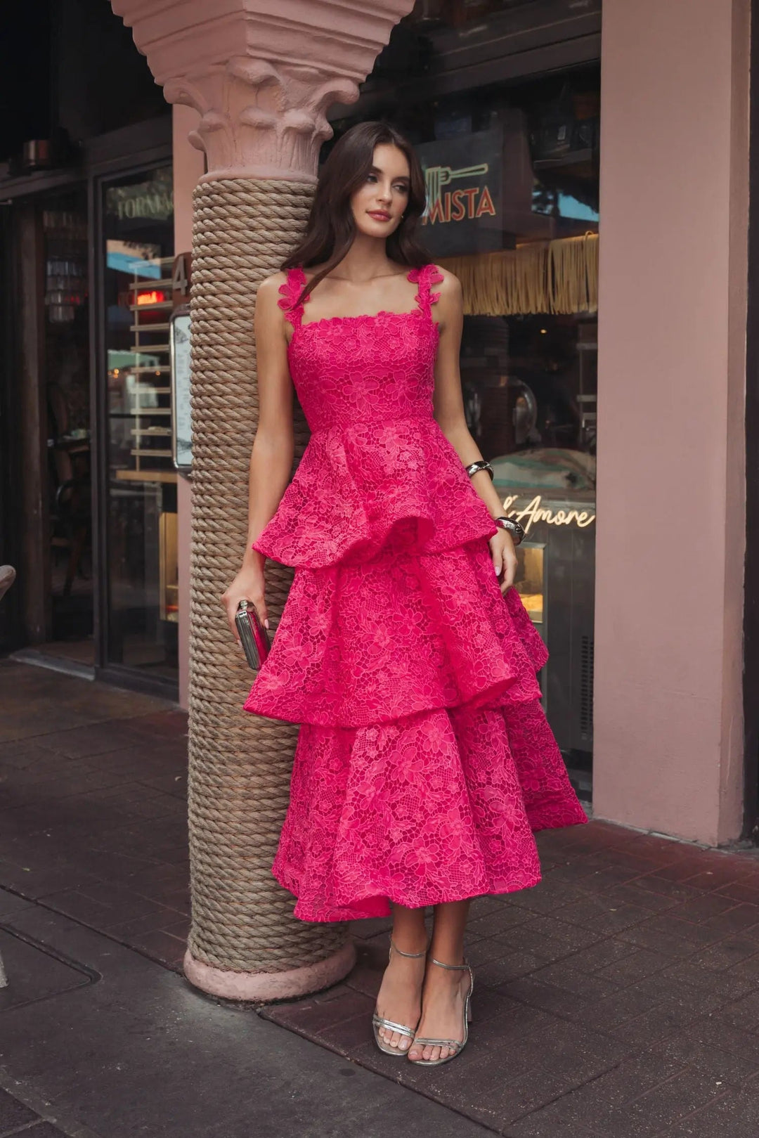 Pink Sleeveless Embroidered Lace Ruffle Midi Dress - FOSTANI.com