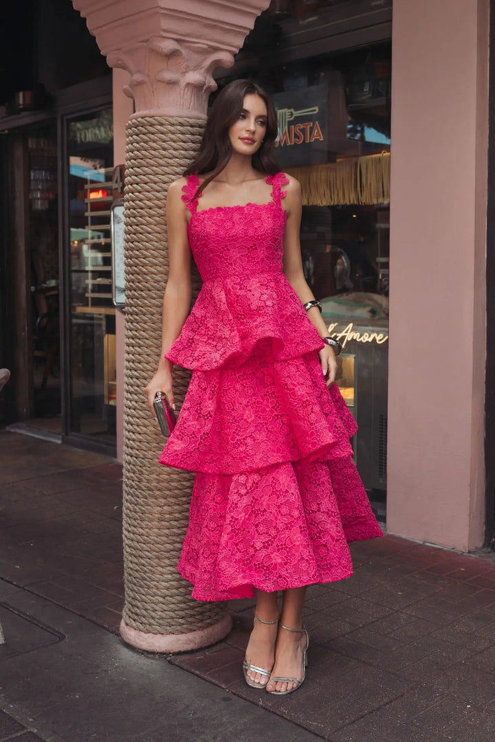 Pink Sleeveless Embroidered Lace Ruffle Midi Dress - FOSTANI.com