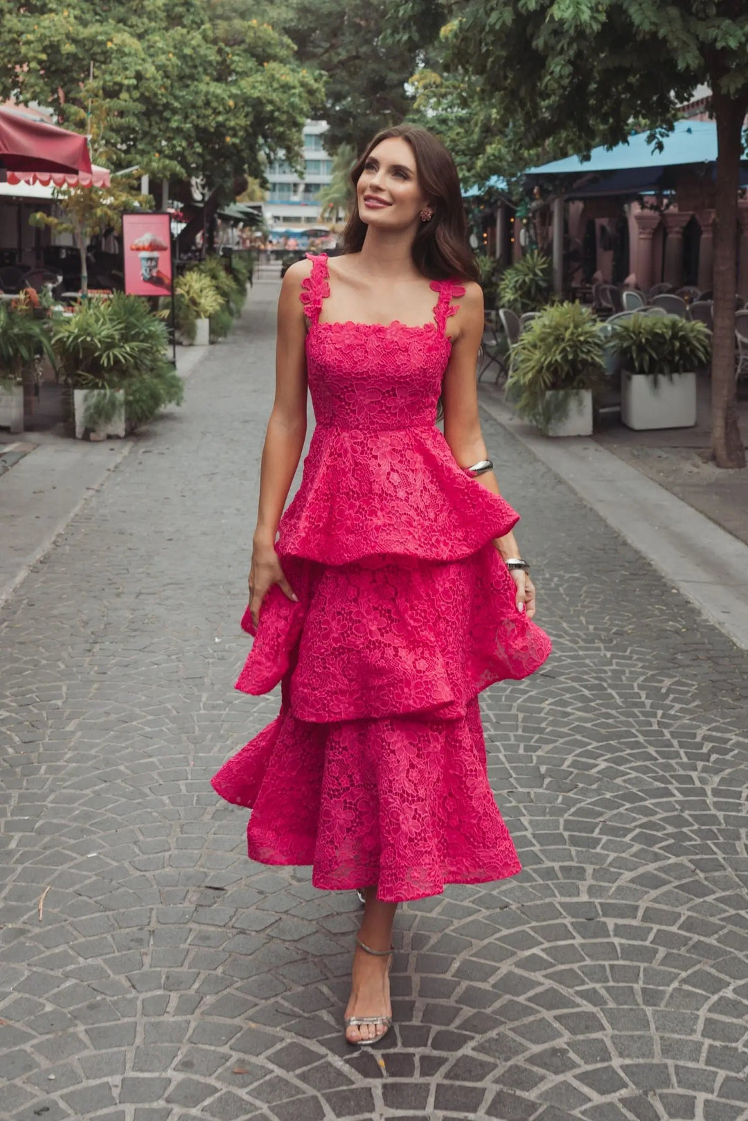 Pink Sleeveless Embroidered Lace Ruffle Midi Dress - FOSTANI.com