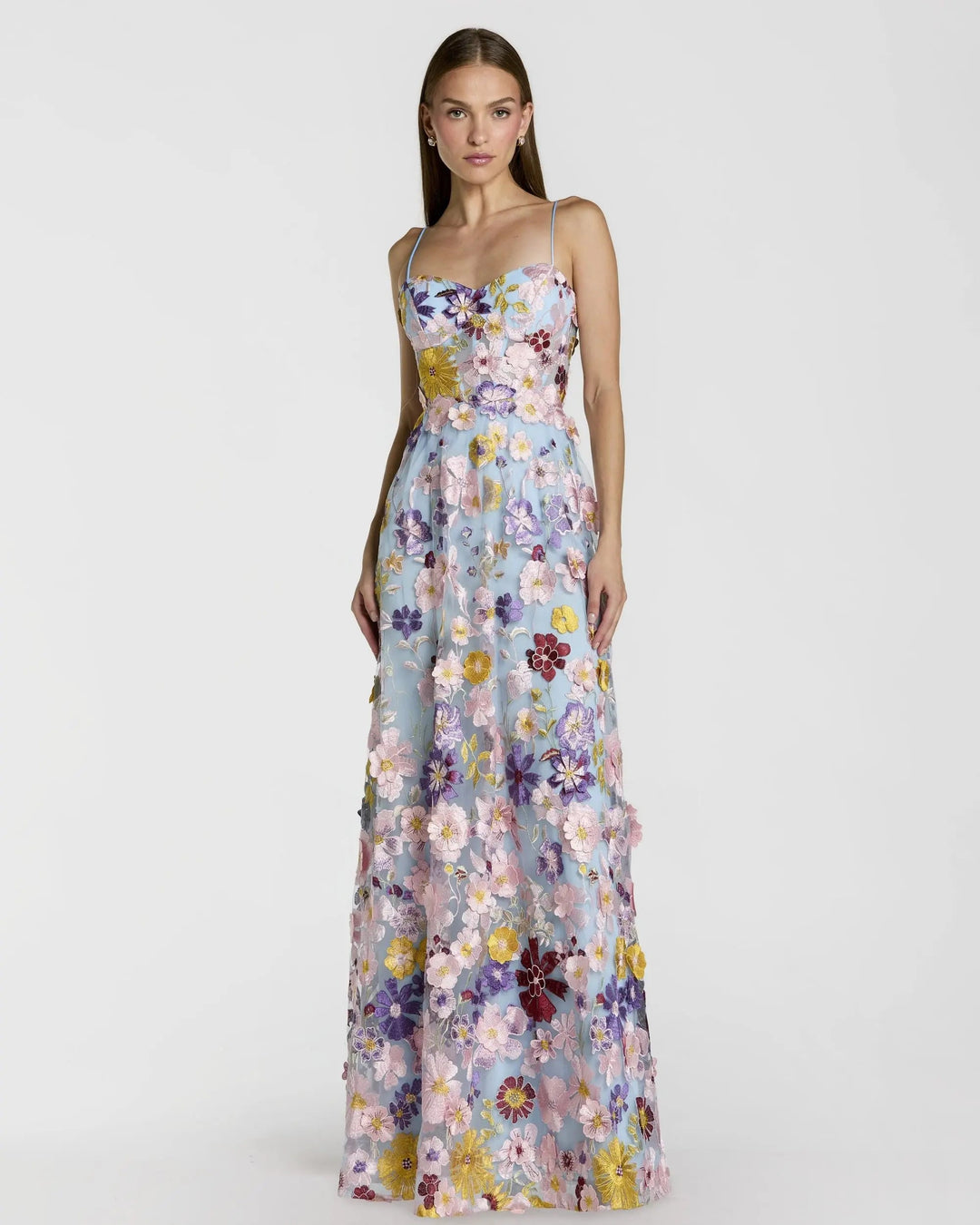 Blue Spaghetti Strap Floral Embroidered A-Line Gown - FOSTANI.com