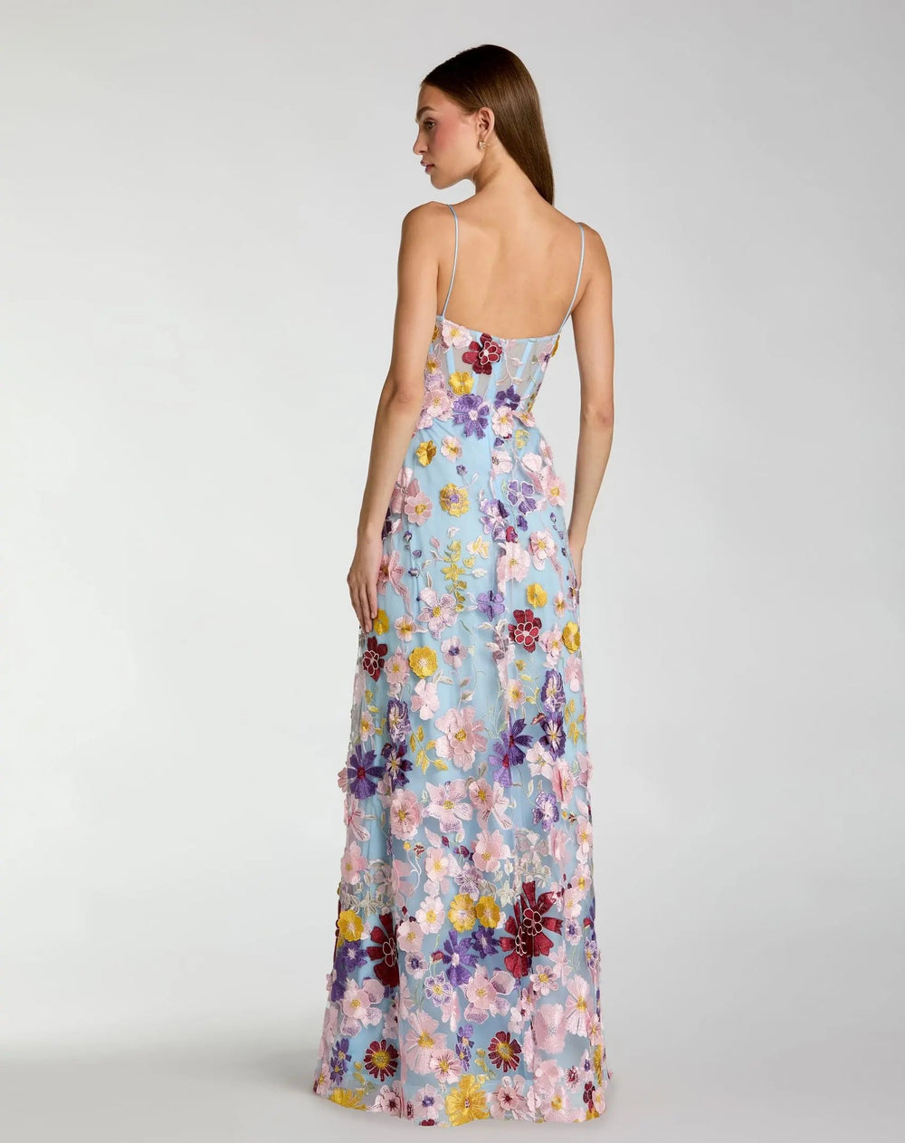 Blue Spaghetti Strap Floral Embroidered A-Line Gown - FOSTANI.com
