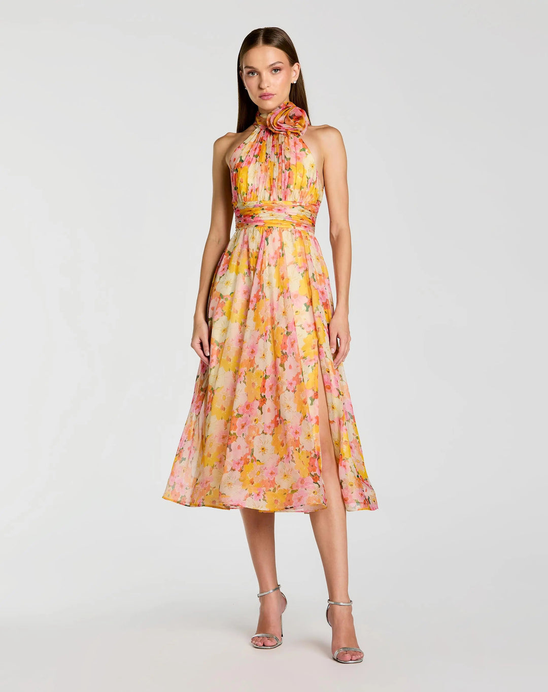 Yellow Floral Halter Neck Midi Dress With 3D Flower - FOSTANI.com