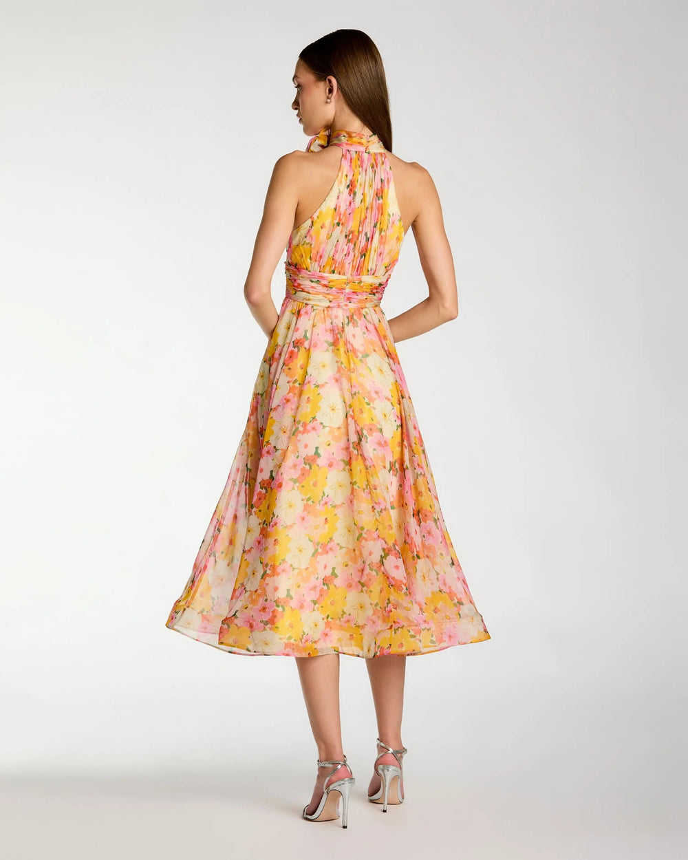 Yellow Floral Halter Neck Midi Dress With 3D Flower - FOSTANI.com