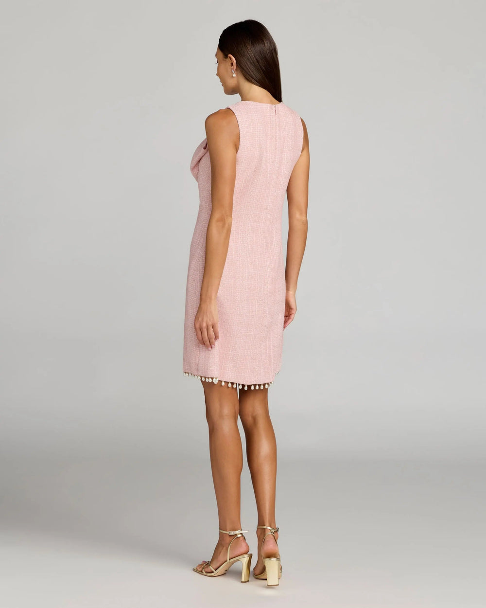 Pink Boucle Pearl Mini Dress With Bow - FOSTANI.com