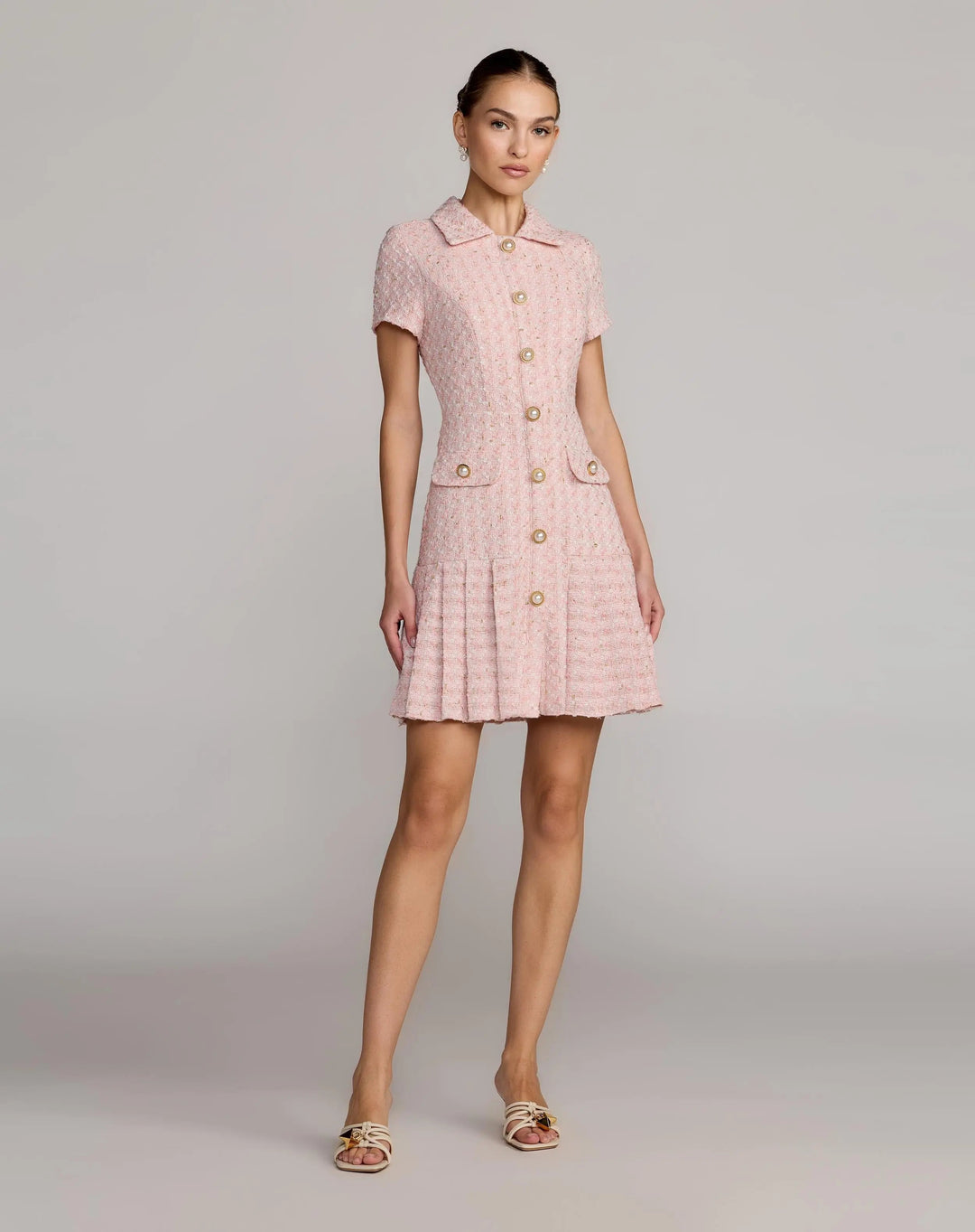 Pink Boucle Button Front Mini Dress - FOSTANI.com