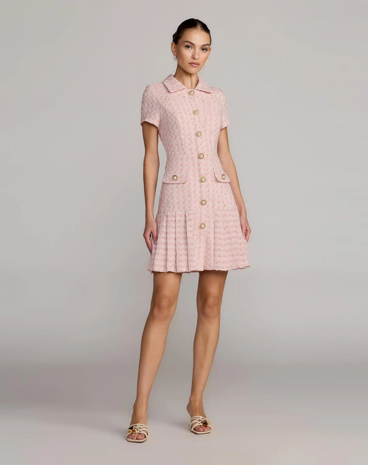 Pink Boucle Button Front Mini Dress - FOSTANI.com