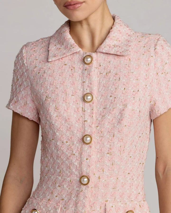 Pink Boucle Button Front Mini Dress - FOSTANI.com