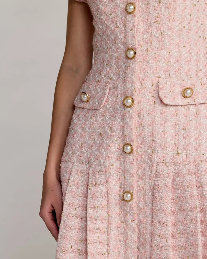 Pink Boucle Button Front Mini Dress - FOSTANI.com