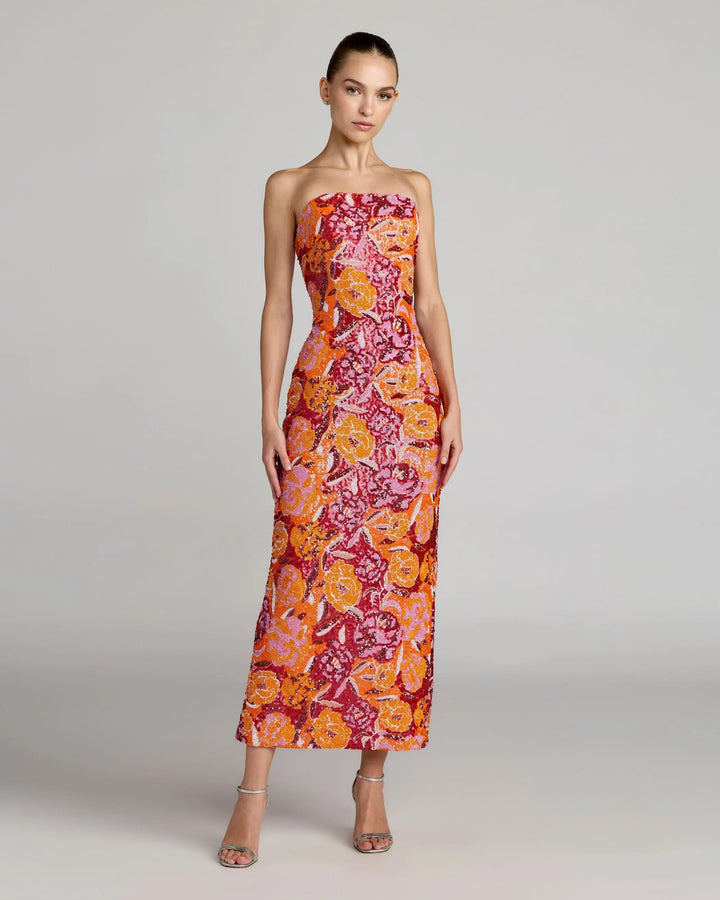 Pink and Orange Strapless Floral Sequin Midi Dress - FOSTANI.com
