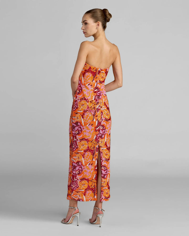 Pink and Orange Strapless Floral Sequin Midi Dress - FOSTANI.com