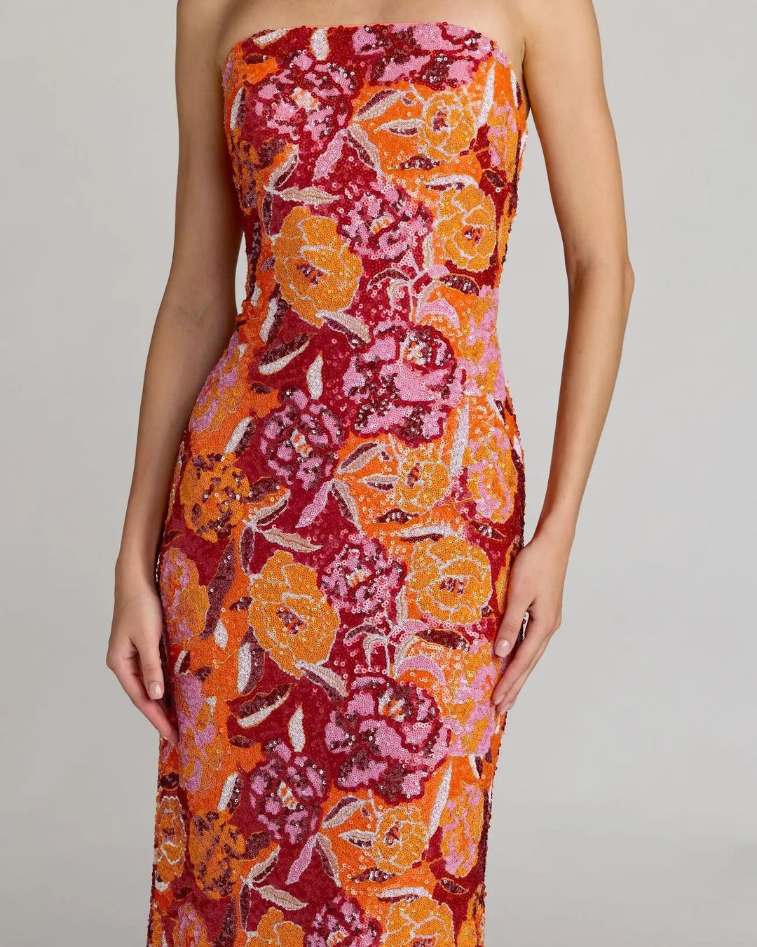 Pink and Orange Strapless Floral Sequin Midi Dress - FOSTANI.com