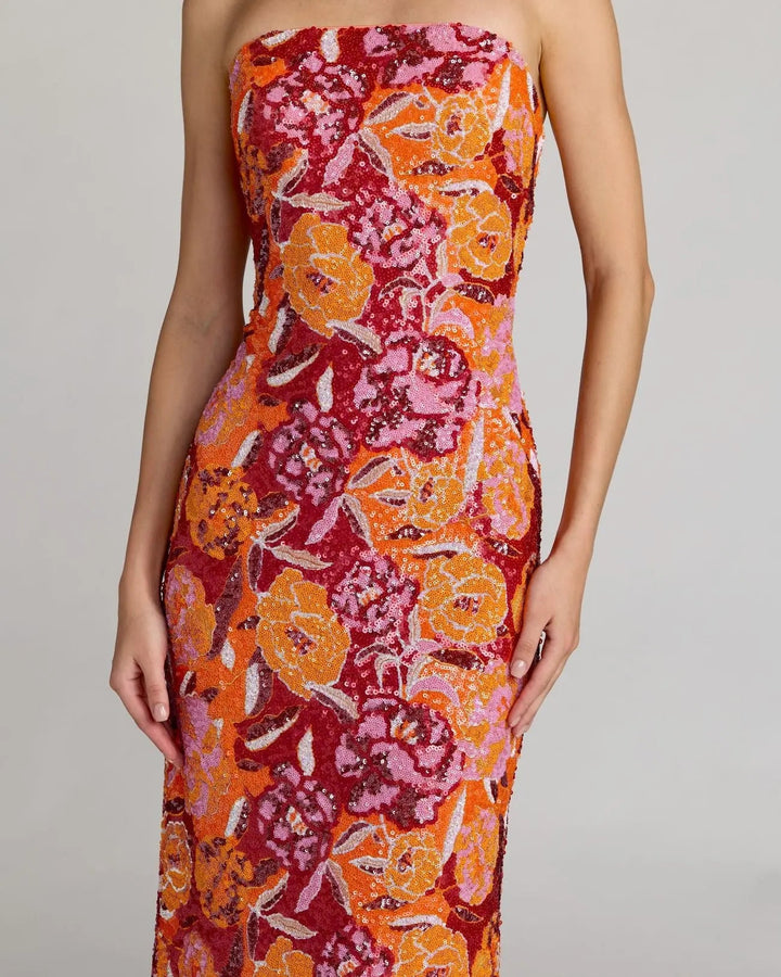 Pink and Orange Strapless Floral Sequin Midi Dress - FOSTANI.com