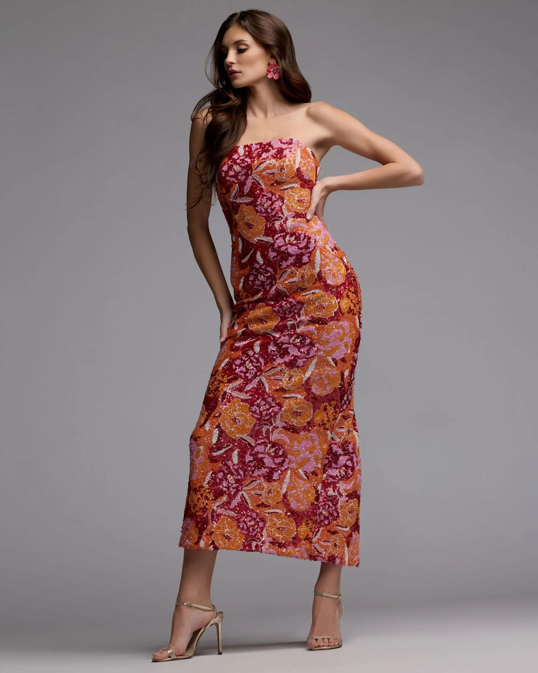 Pink and Orange Strapless Floral Sequin Midi Dress - FOSTANI.com