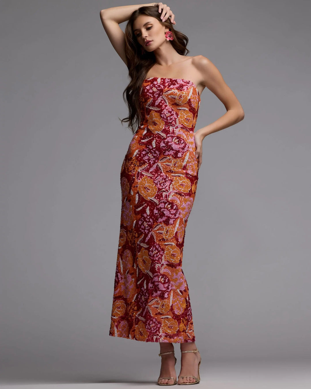 Pink and Orange Strapless Floral Sequin Midi Dress - FOSTANI.com