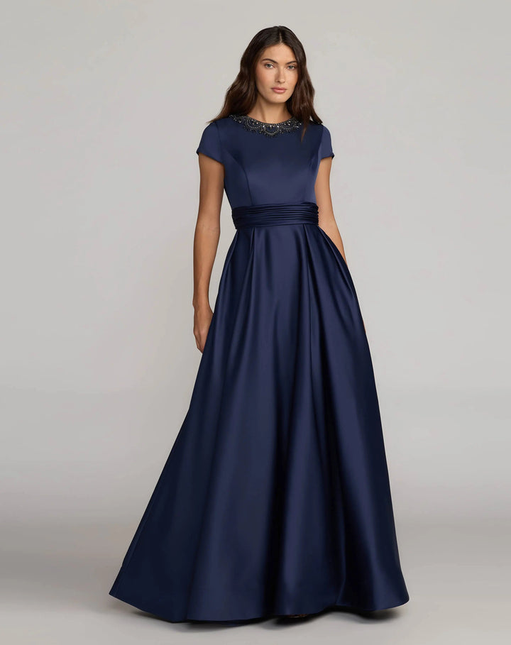 Navy Embellished Satin Cap Sleeve Ball Gown - FOSTANI.com