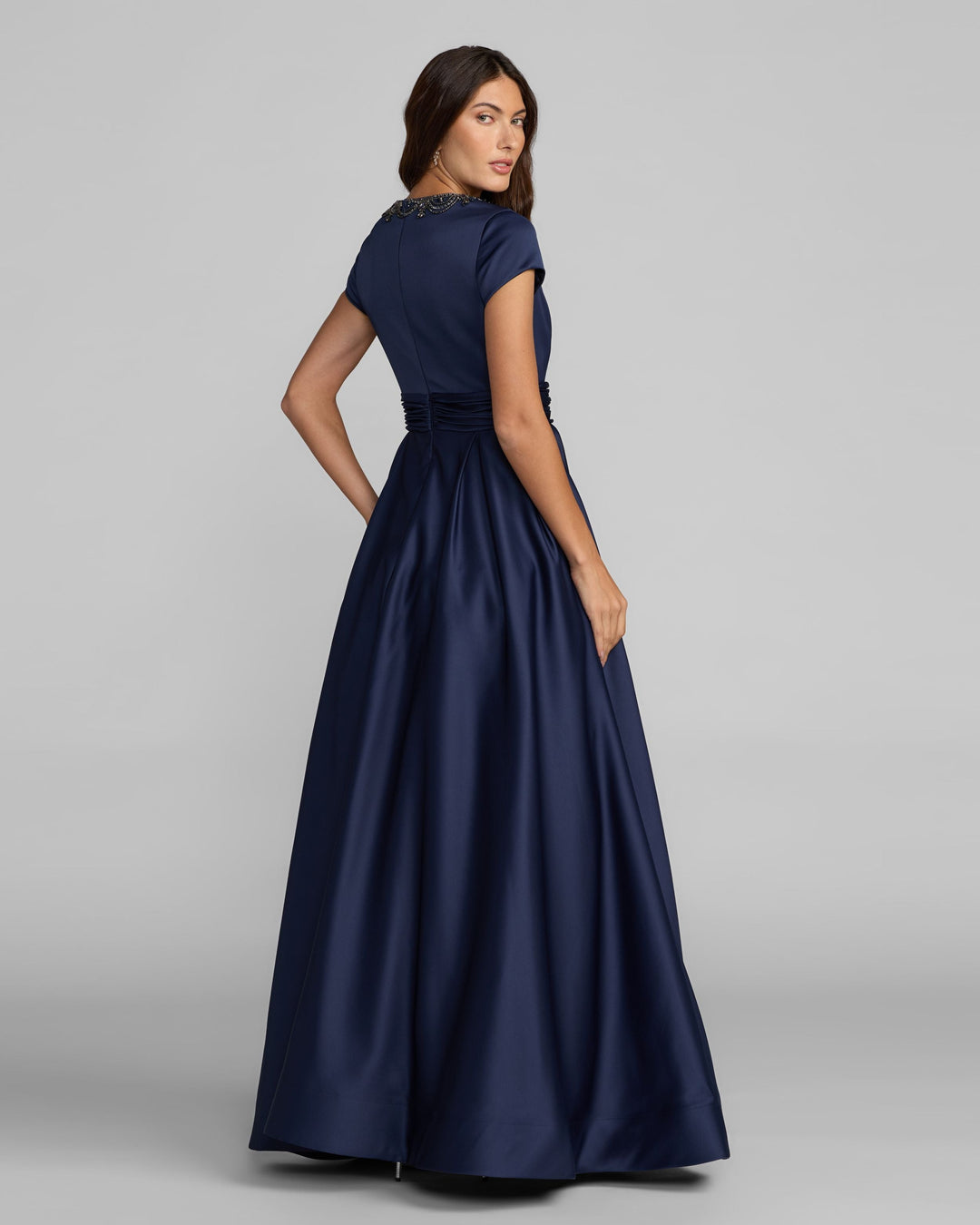 Navy Embellished Satin Cap Sleeve Ball Gown - FOSTANI.com