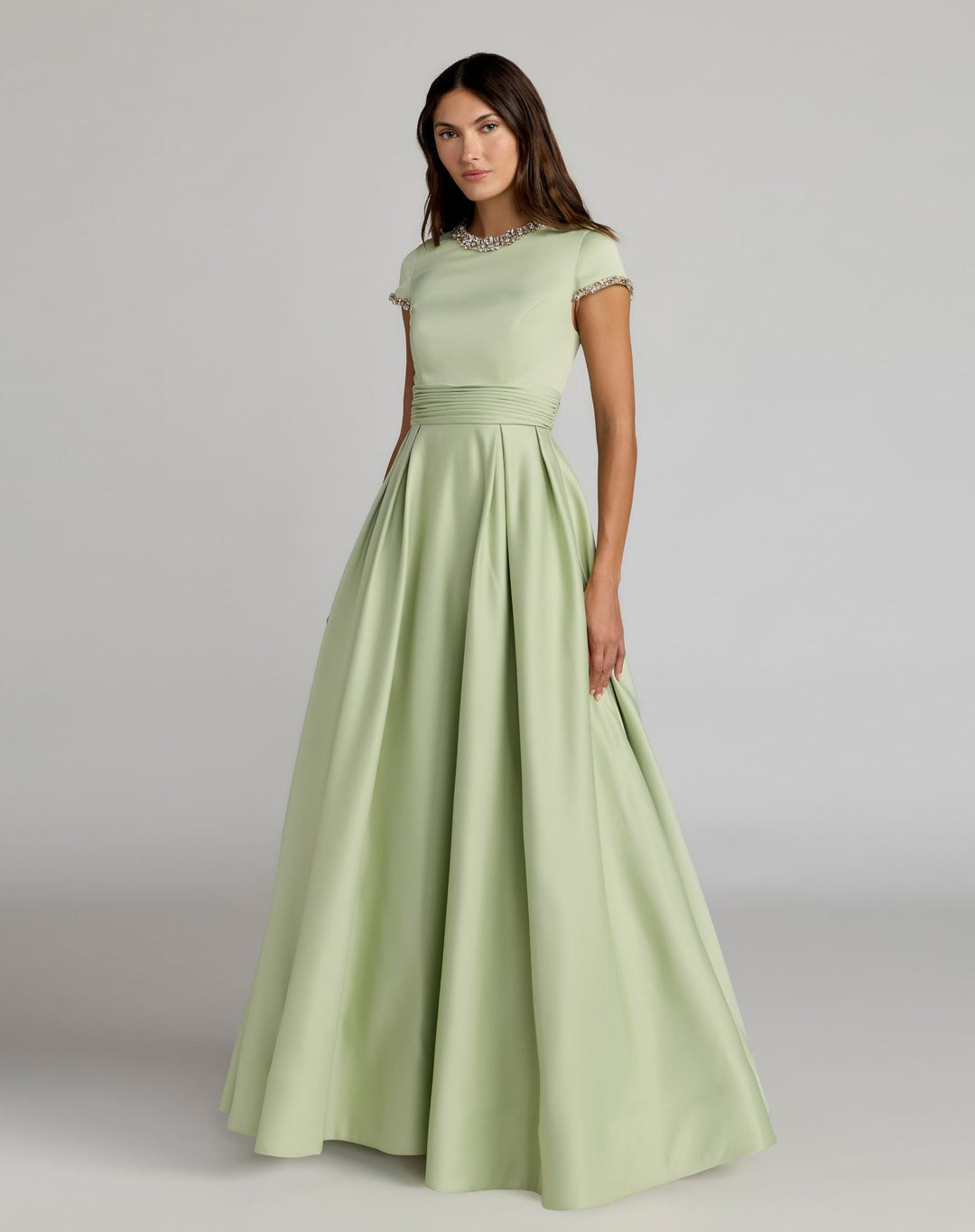 Green Embellished Satin Cap Sleeve Ball Gown - FOSTANI.com