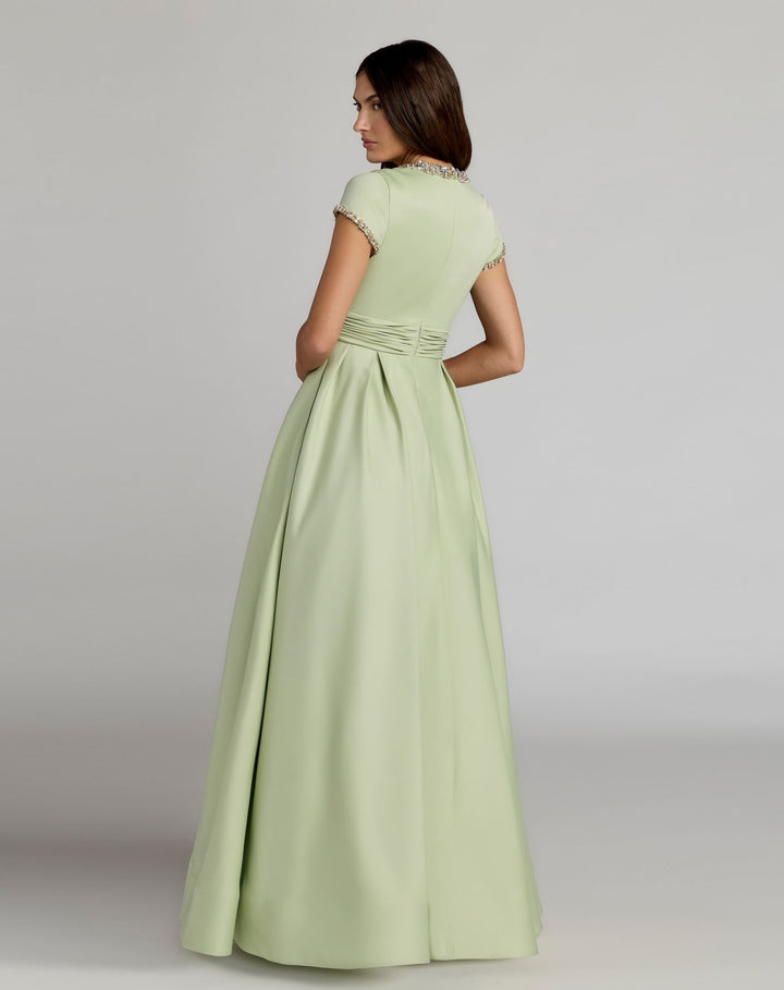 Green Embellished Satin Cap Sleeve Ball Gown - FOSTANI.com