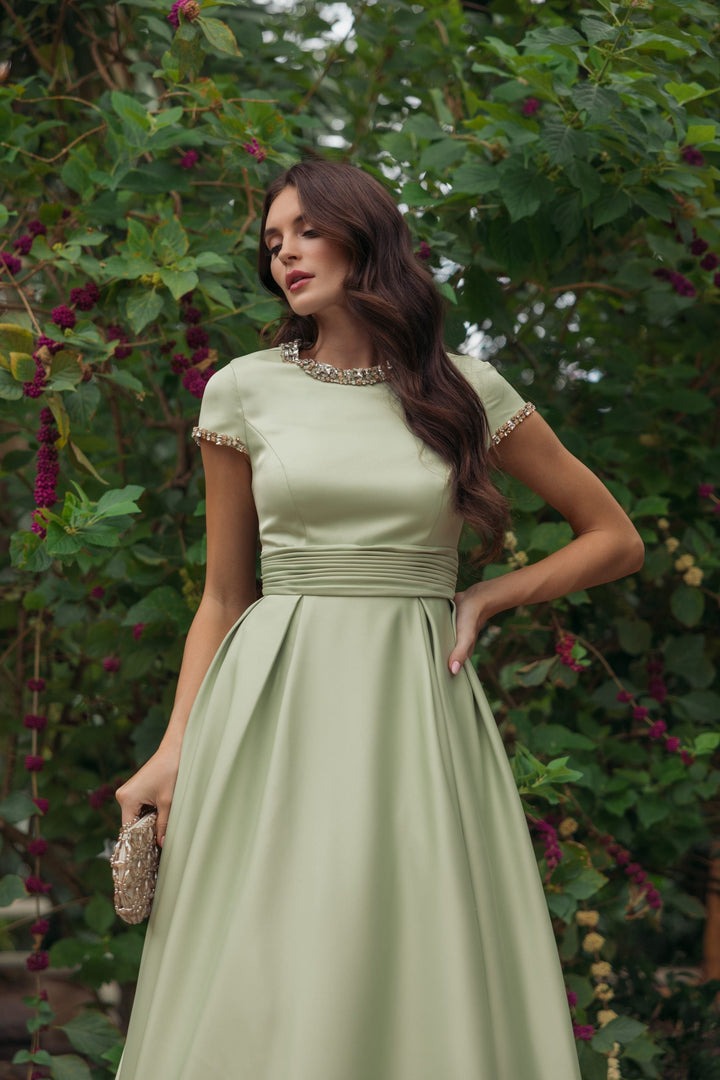 Green Embellished Satin Cap Sleeve Ball Gown - FOSTANI.com
