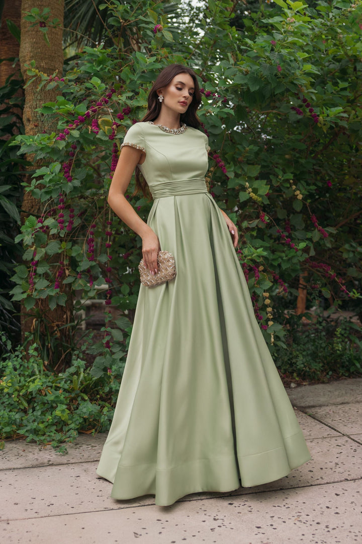 Green Embellished Satin Cap Sleeve Ball Gown - FOSTANI.com