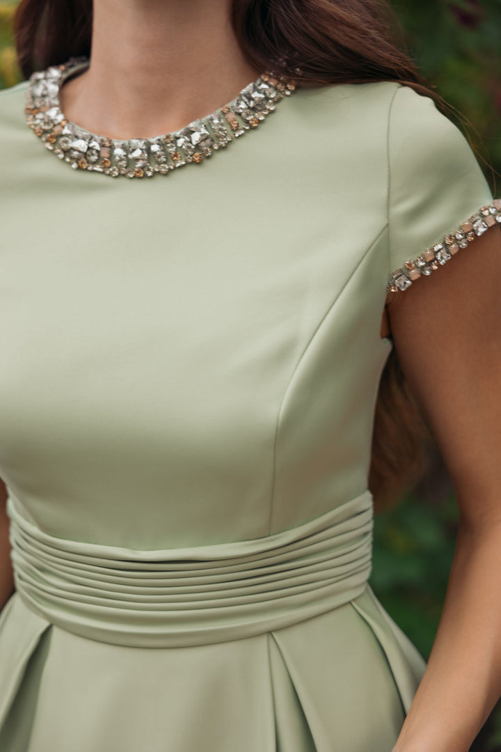 Green Embellished Satin Cap Sleeve Ball Gown - FOSTANI.com