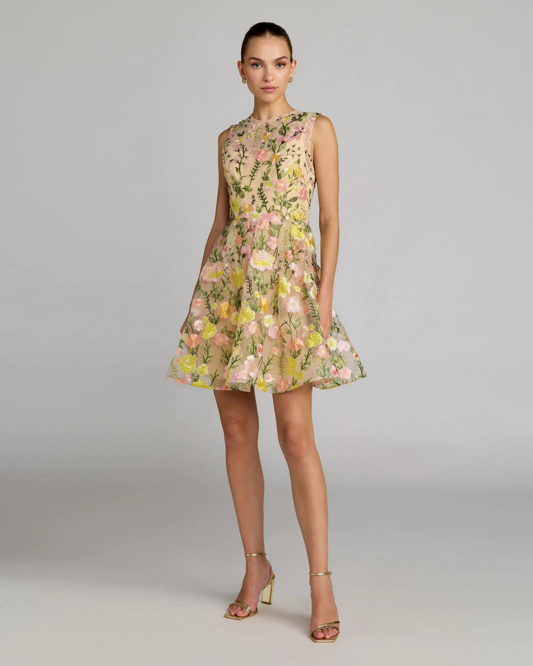 Yellow Floral Embroidered Sleeveless A-Line Mini Dress - FOSTANI.com