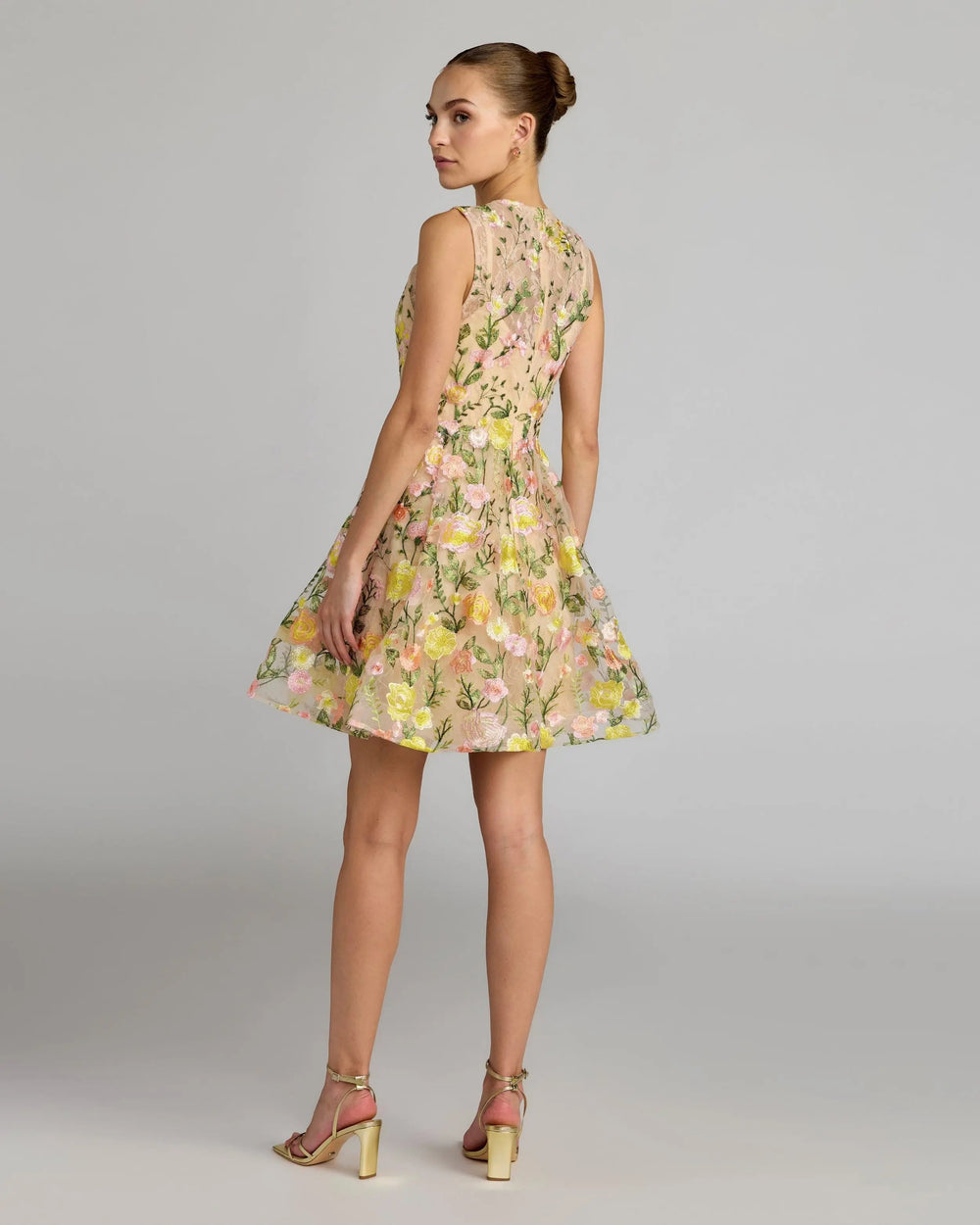 Yellow Floral Embroidered Sleeveless A-Line Mini Dress - FOSTANI.com