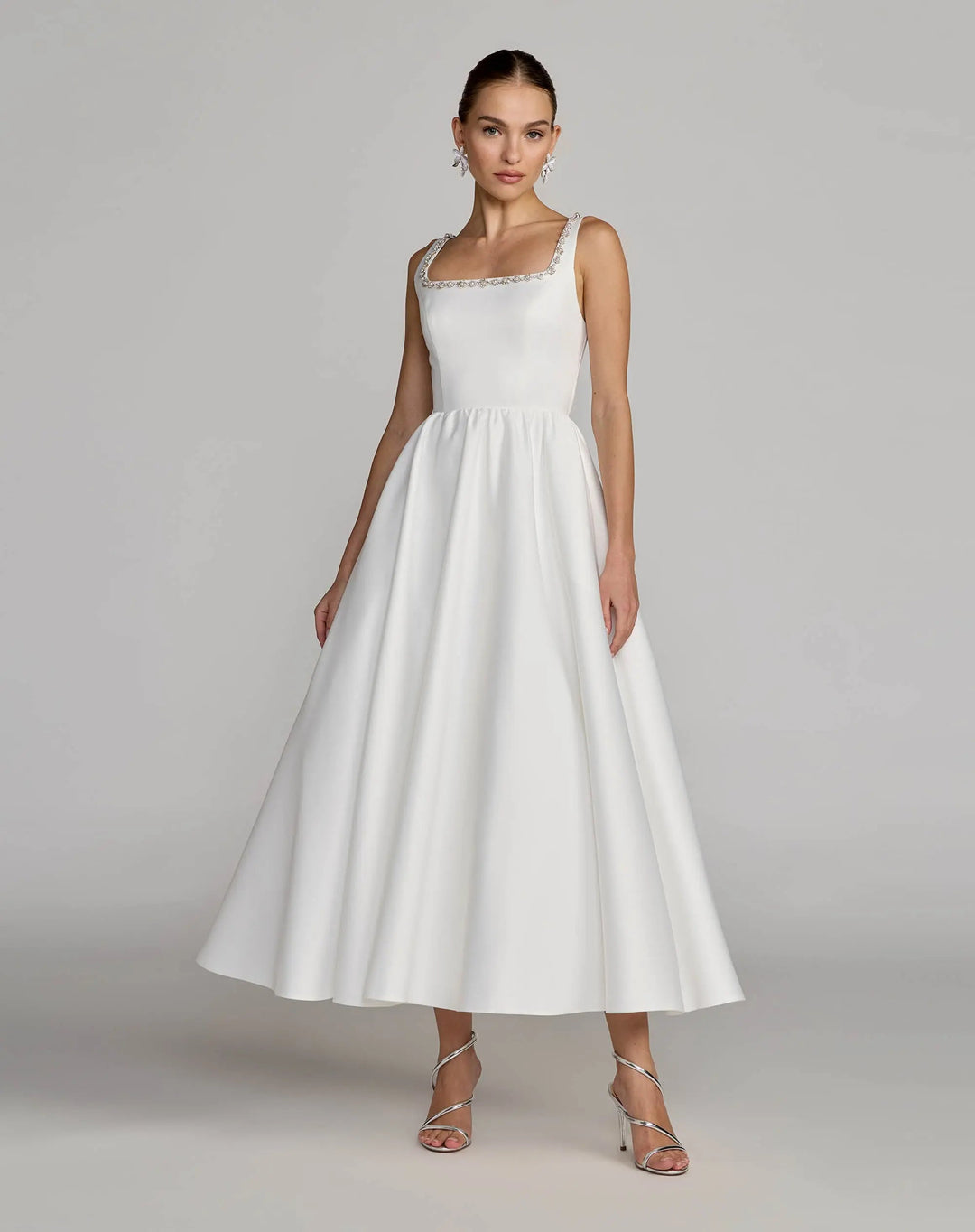 Mac Duggal 56417 White Embellished Square Neck A-Line Midi Dress - FOSTANI.com