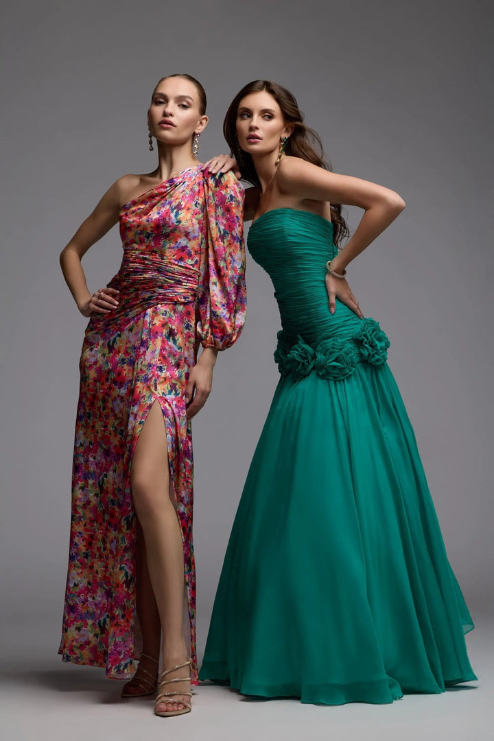 Mac Duggal 2634 Multicolor One Sleeve Floral Print Charmeuse Gown With Slit - FOSTANI.com