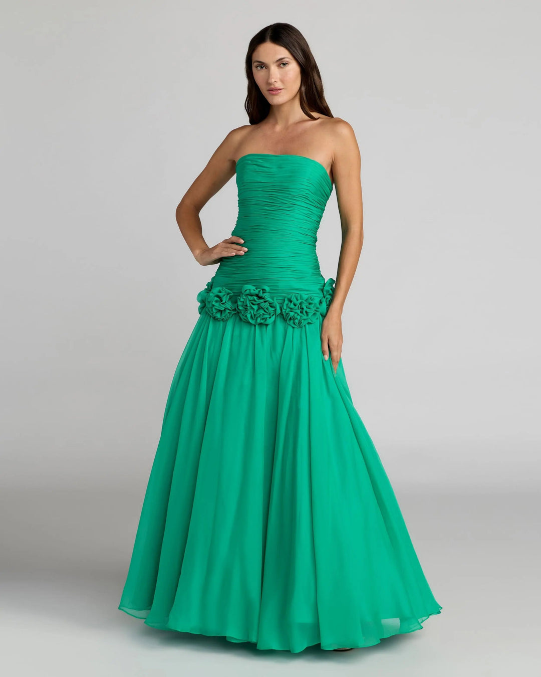 Green Strapless Chiffon Ball Gown With 3D Flowers - FOSTANI.com