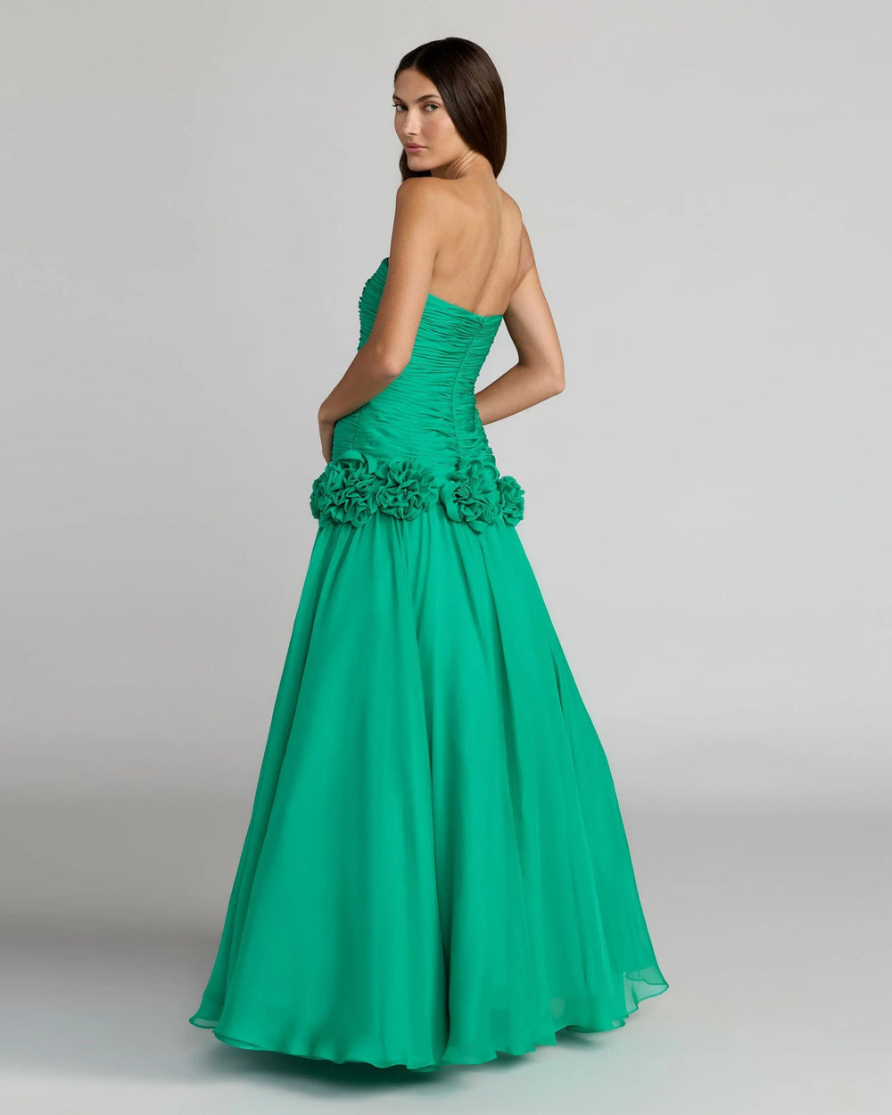 Green Strapless Chiffon Ball Gown With 3D Flowers - FOSTANI.com