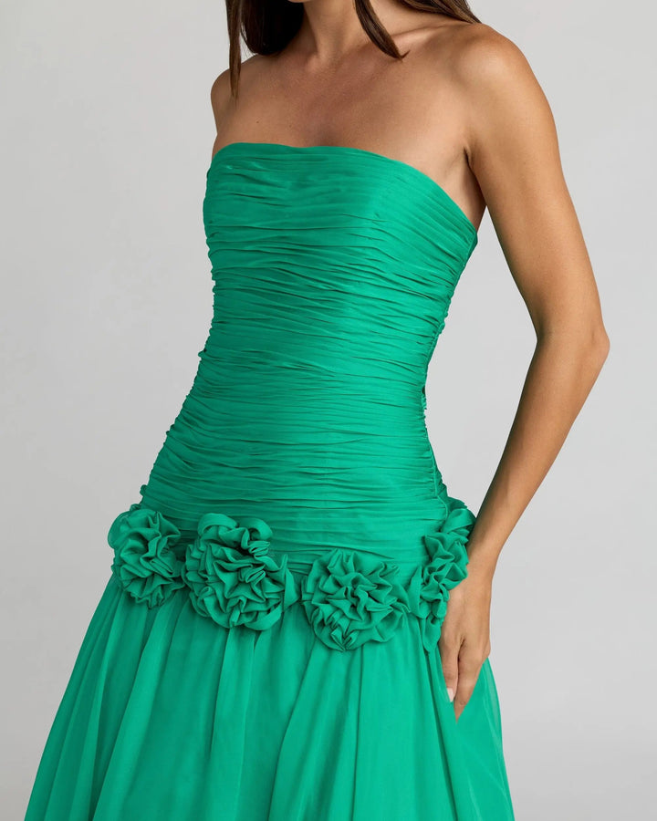 Green Strapless Chiffon Ball Gown With 3D Flowers - FOSTANI.com