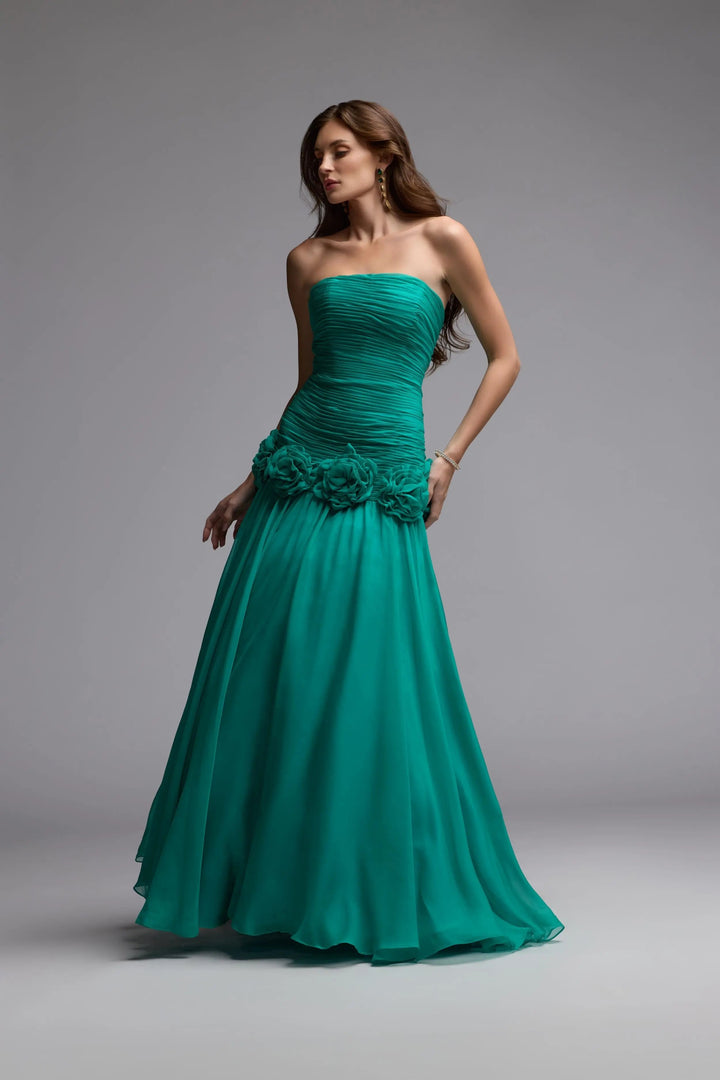 Green Strapless Chiffon Ball Gown With 3D Flowers - FOSTANI.com