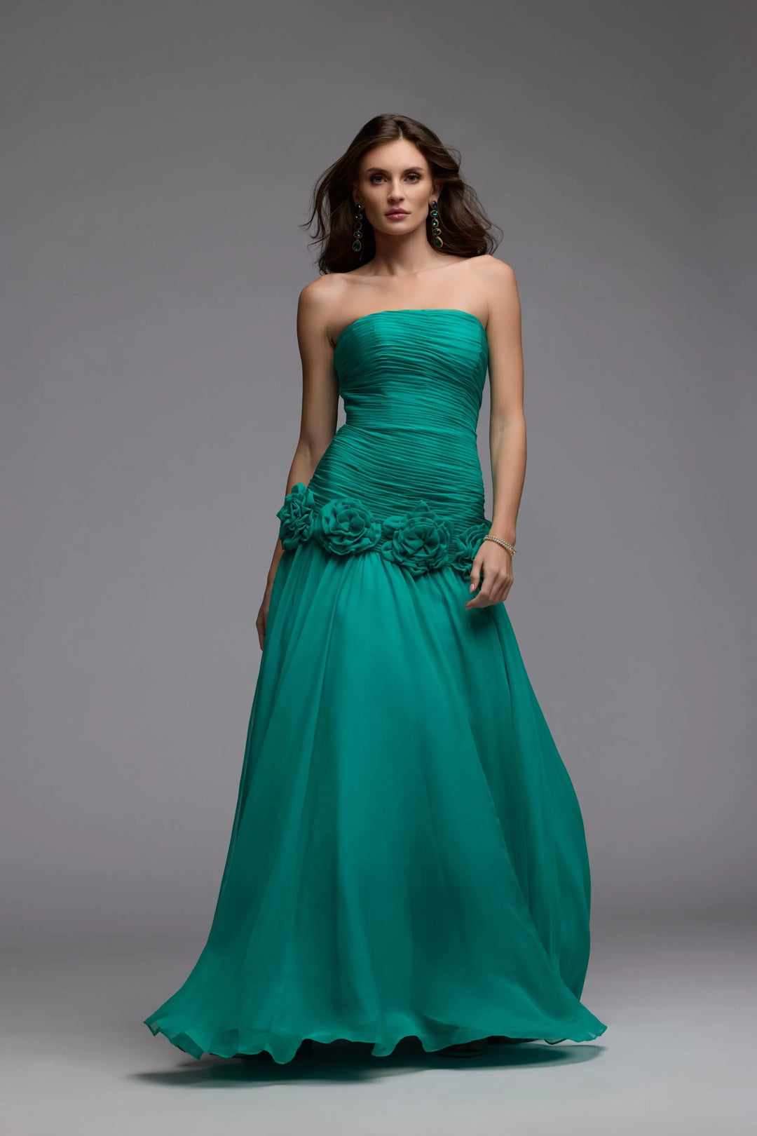 Green Strapless Chiffon Ball Gown With 3D Flowers - FOSTANI.com