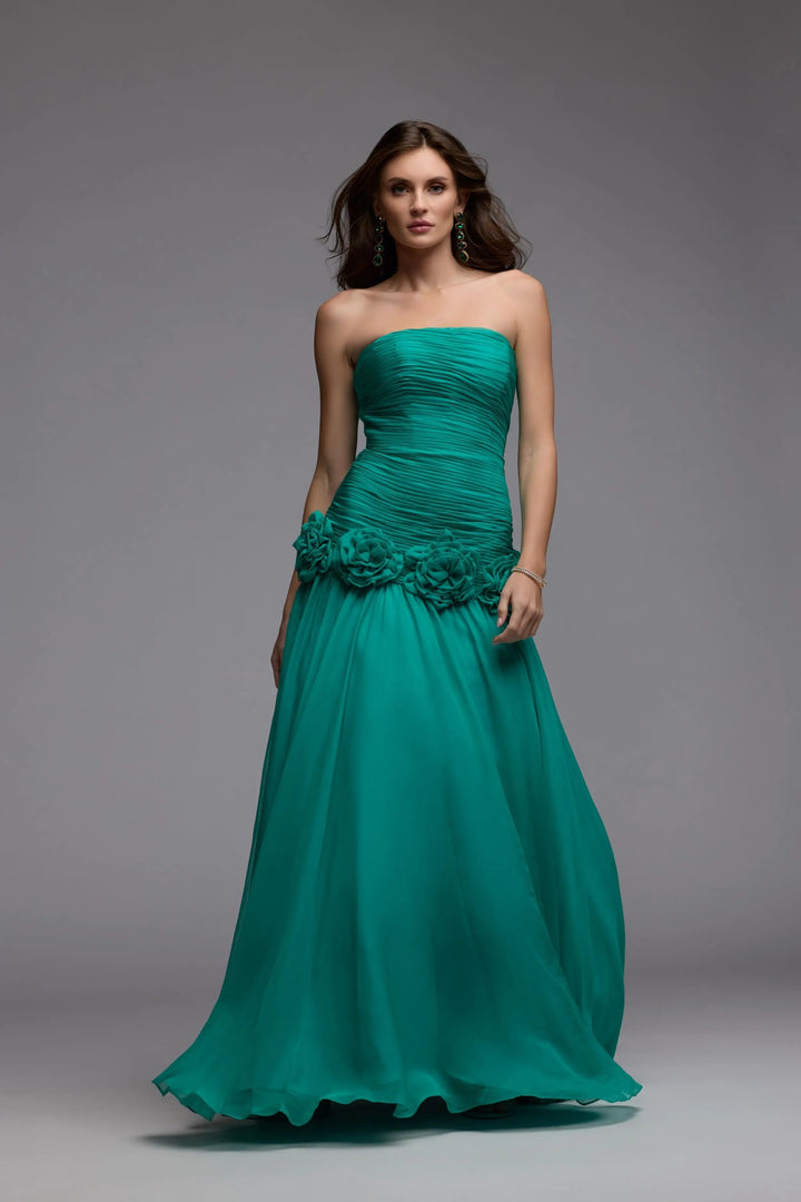 Green Strapless Chiffon Ball Gown With 3D Flowers - FOSTANI.com