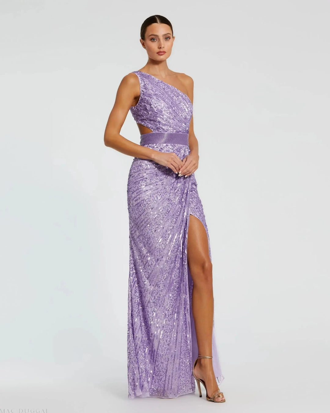 Mac Duggal 5687 Green Sequined One Shoulder Draped Lace Up Gown
