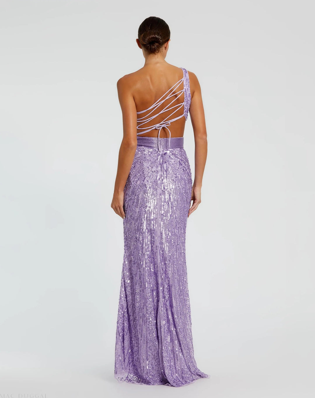 Mac Duggal 5687 Green Sequined One Shoulder Draped Lace Up Gown