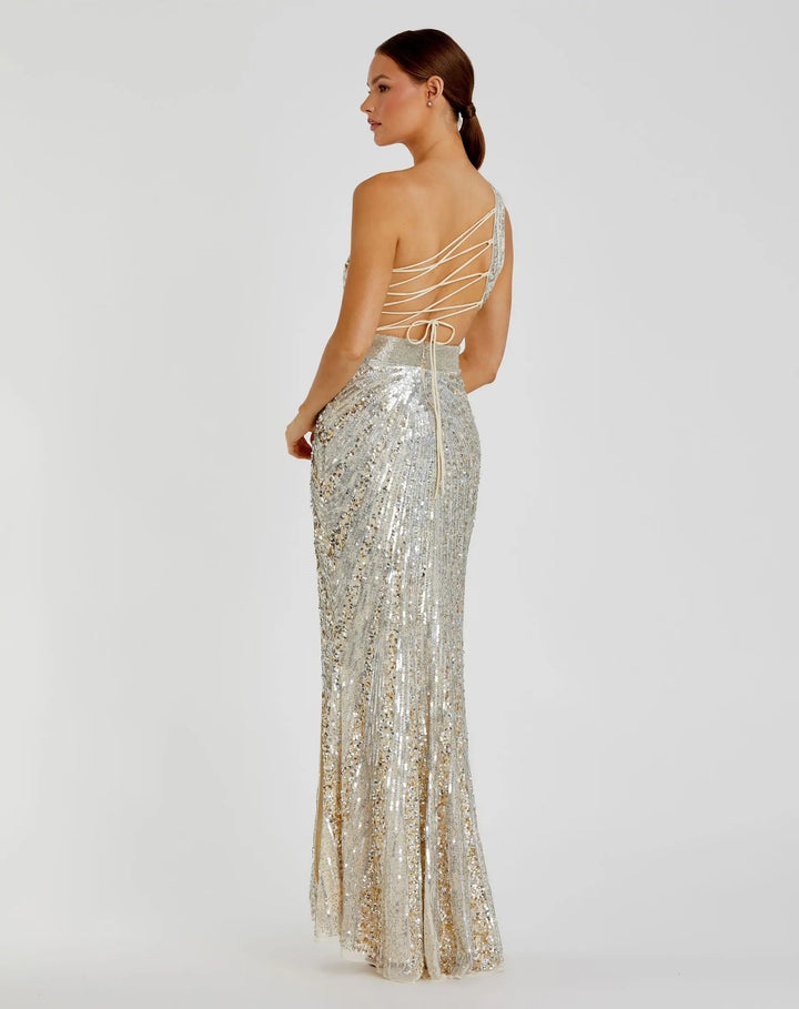 Mac Duggal 5687 Green Sequined One Shoulder Draped Lace Up Gown