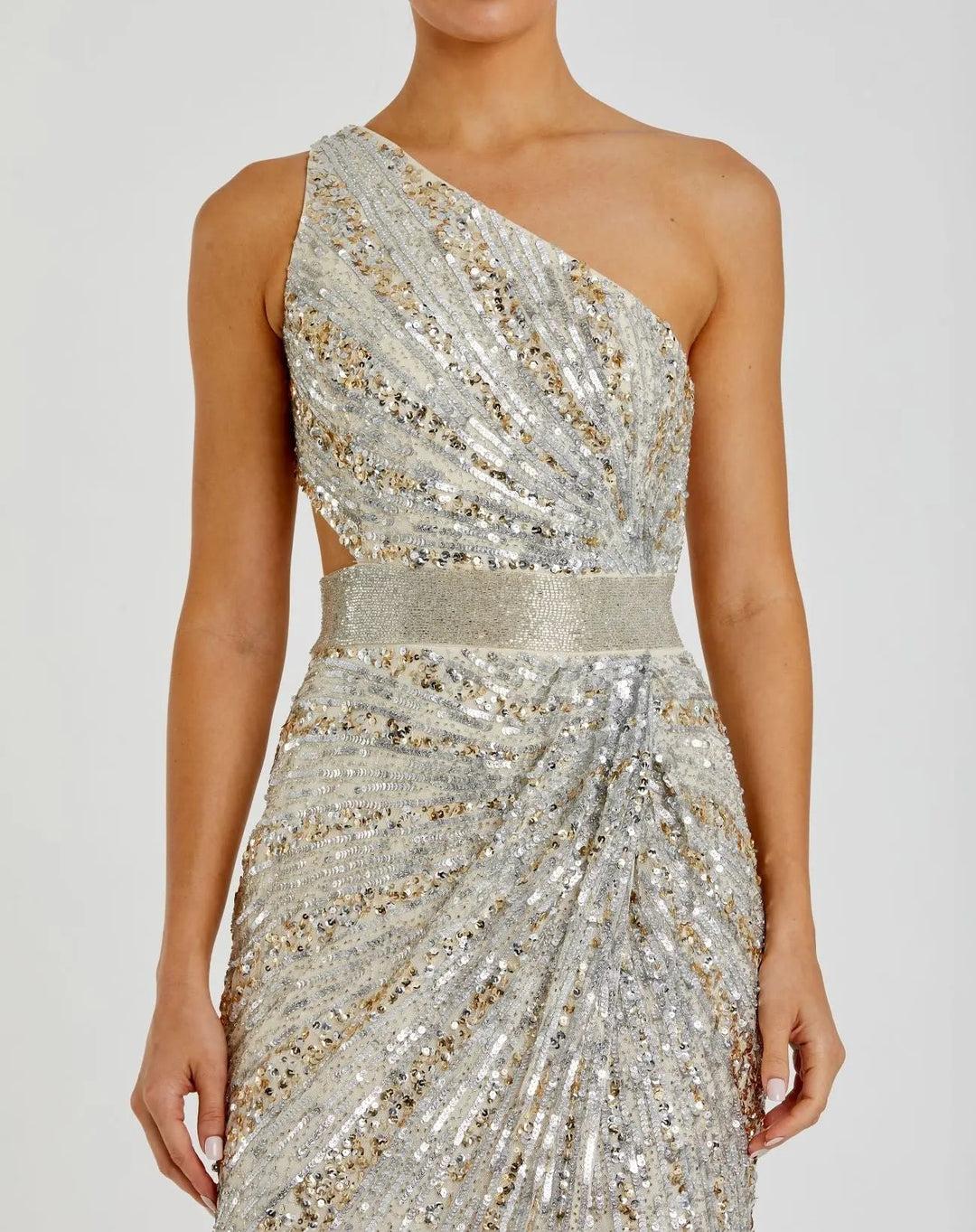 Mac Duggal 5687 Green Sequined One Shoulder Draped Lace Up Gown