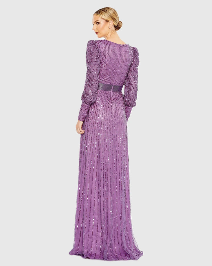 Mac Duggal 5720 Purple Sequined Wrap Over Bishop Sleeve Gown