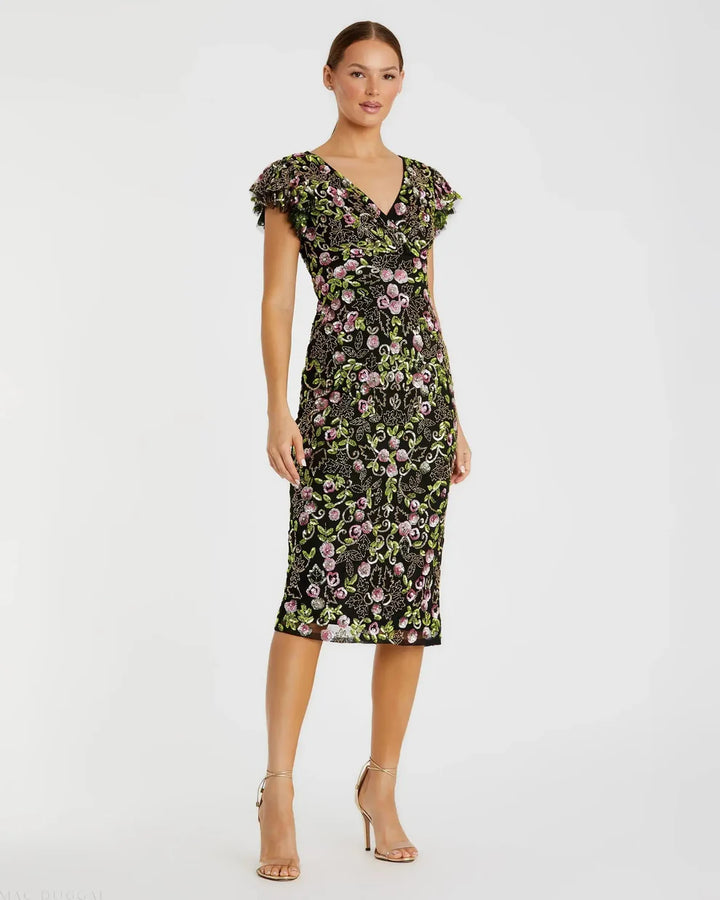 Mac Duggal 5722 Floral Embellished Flutter Cap Sleeve Dress