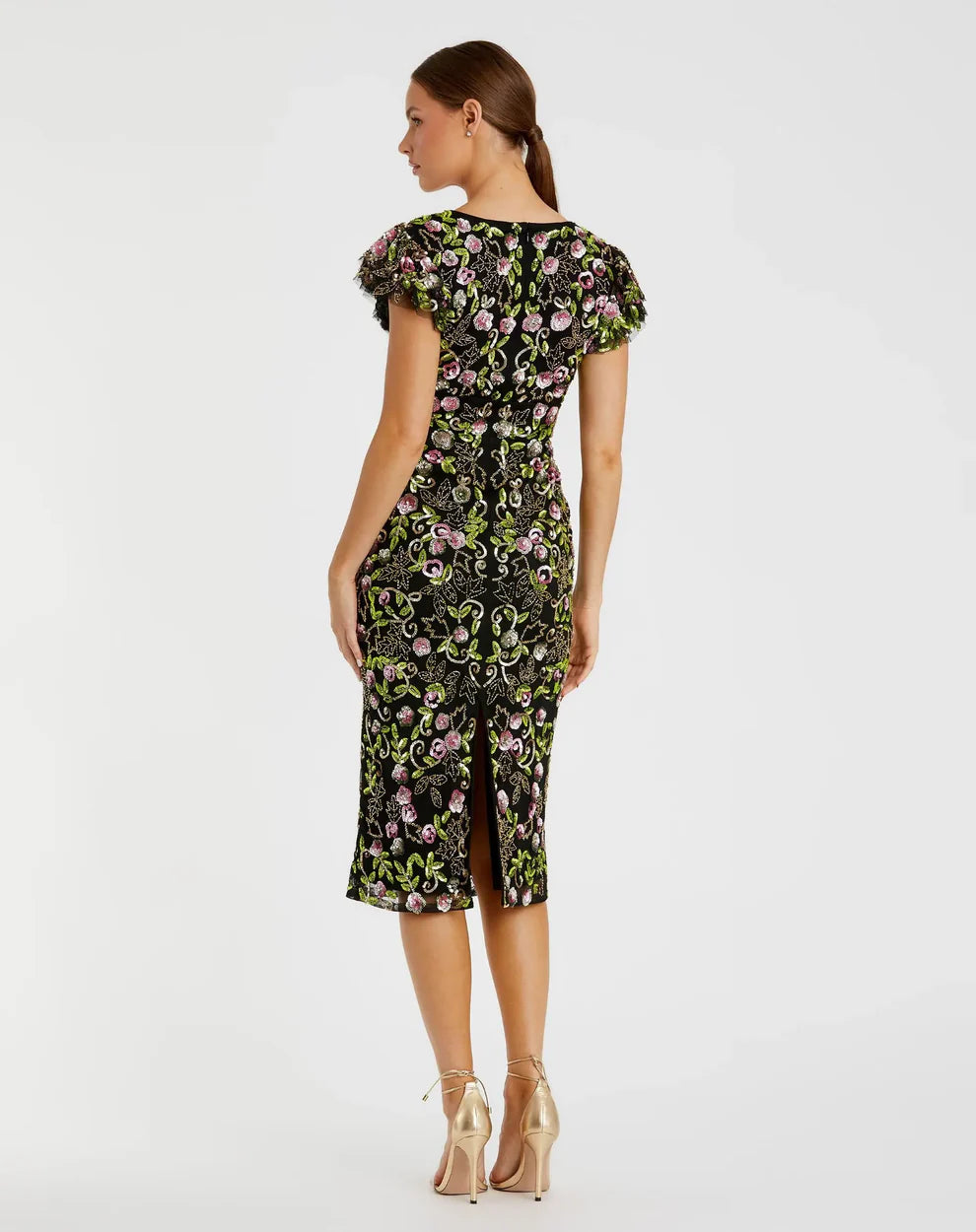 Mac Duggal 5722 Floral Embellished Flutter Cap Sleeve Dress
