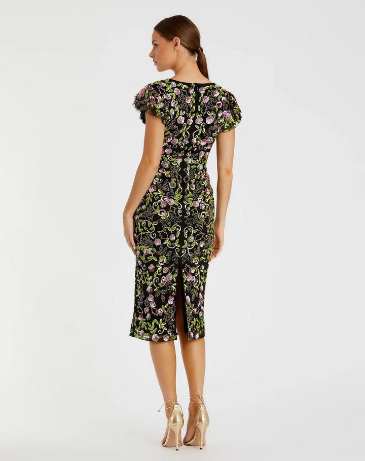 Mac Duggal 5722 Floral Embellished Flutter Cap Sleeve Dress
