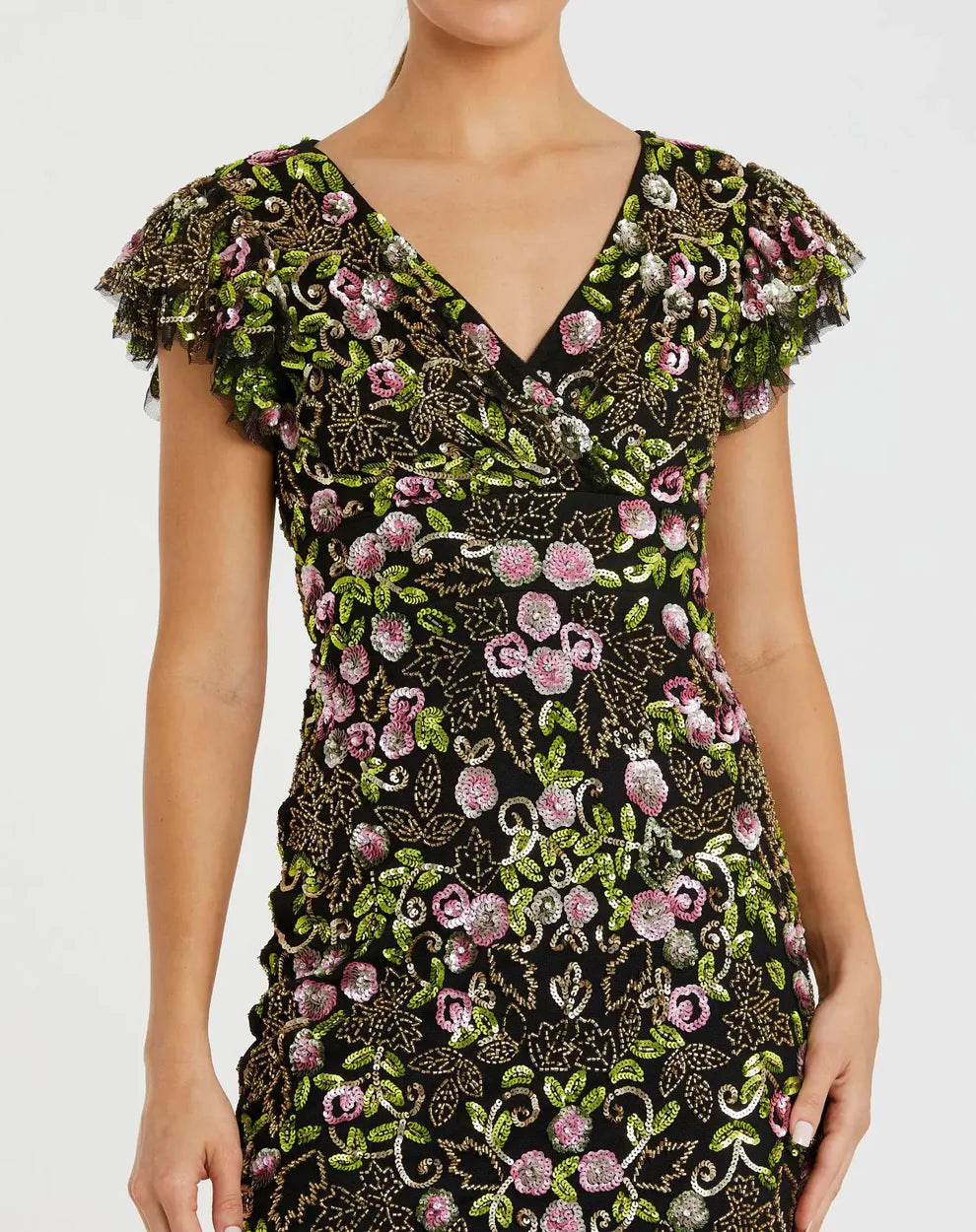 Mac Duggal 5722 Floral Embellished Flutter Cap Sleeve Dress