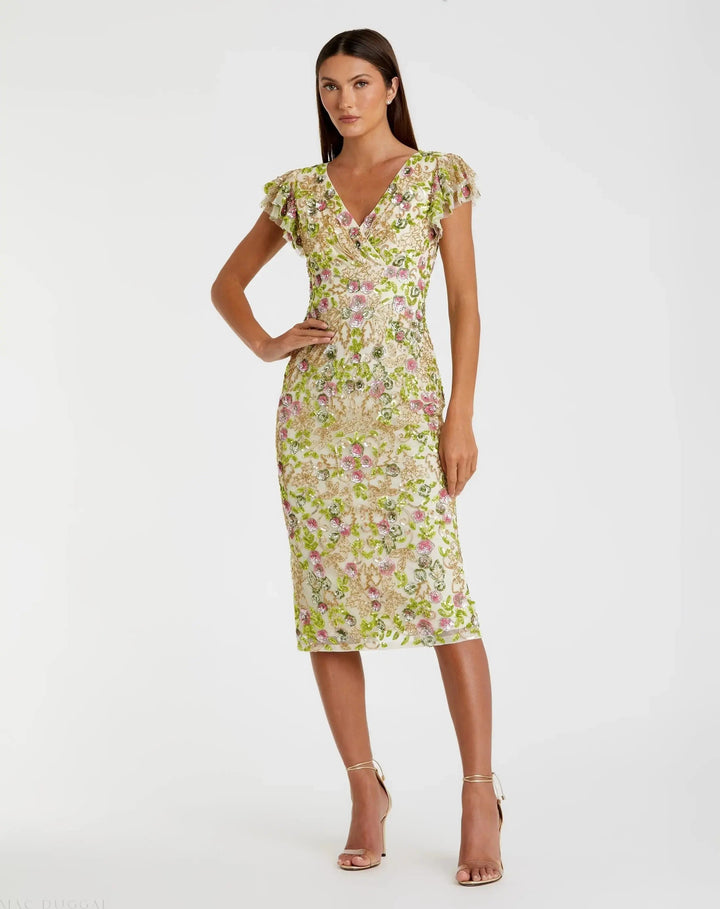 Mac Duggal 5722 Floral Embellished Flutter Cap Sleeve Dress