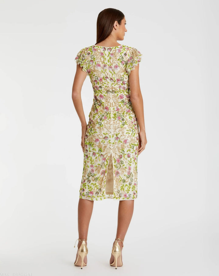 Mac Duggal 5722 Floral Embellished Flutter Cap Sleeve Dress