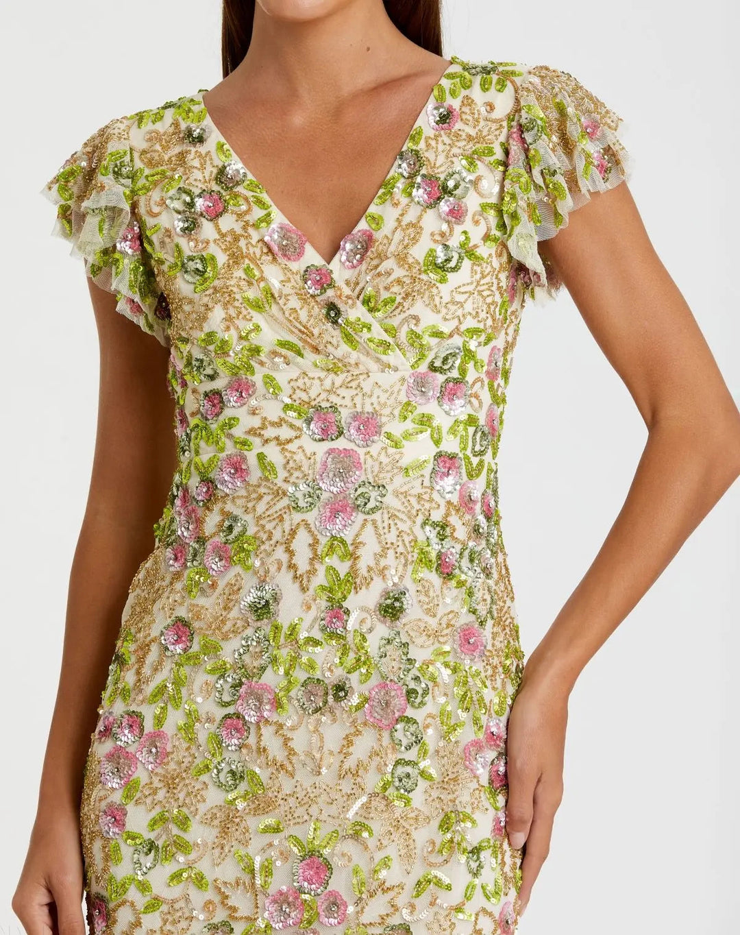 Mac Duggal 5722 Floral Embellished Flutter Cap Sleeve Dress