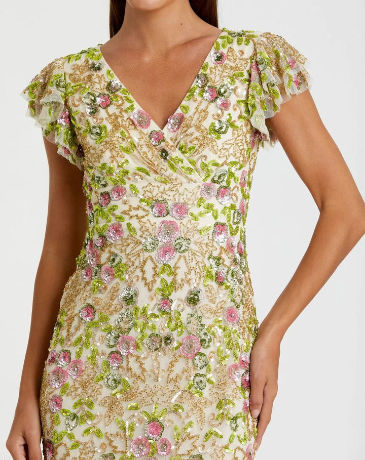 Mac Duggal 5722 Floral Embellished Flutter Cap Sleeve Dress