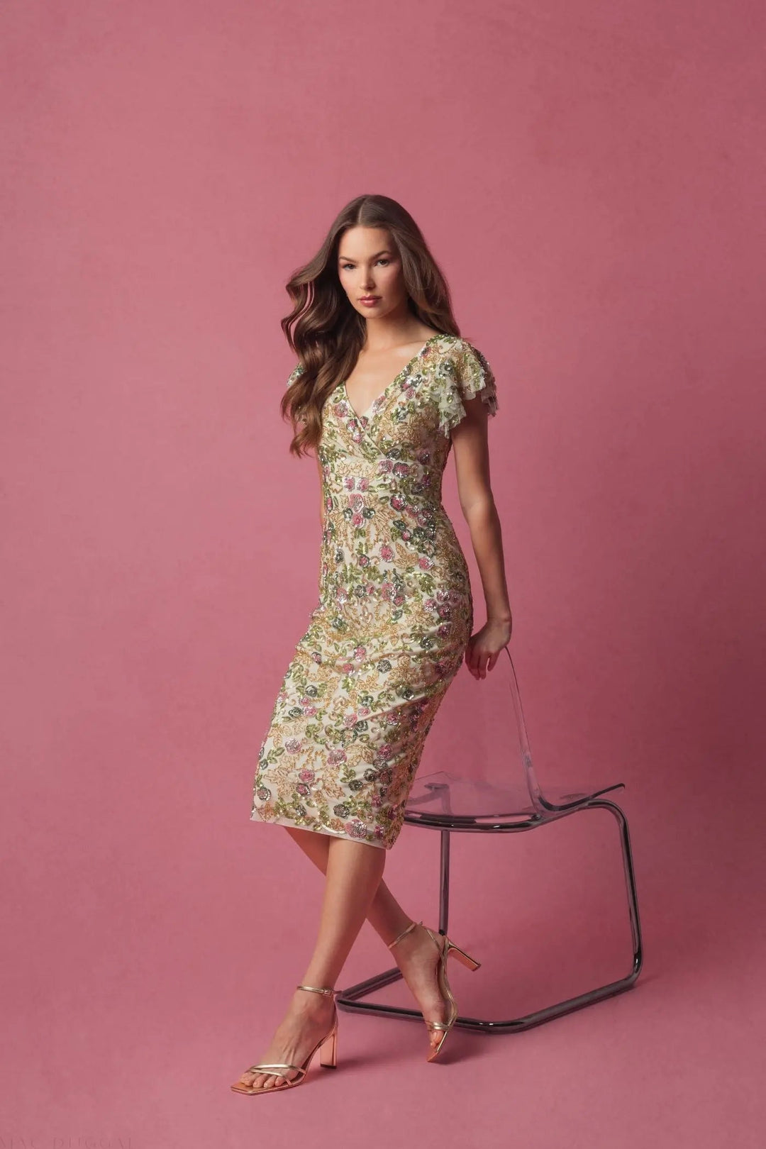 Mac Duggal 5722 Floral Embellished Flutter Cap Sleeve Dress