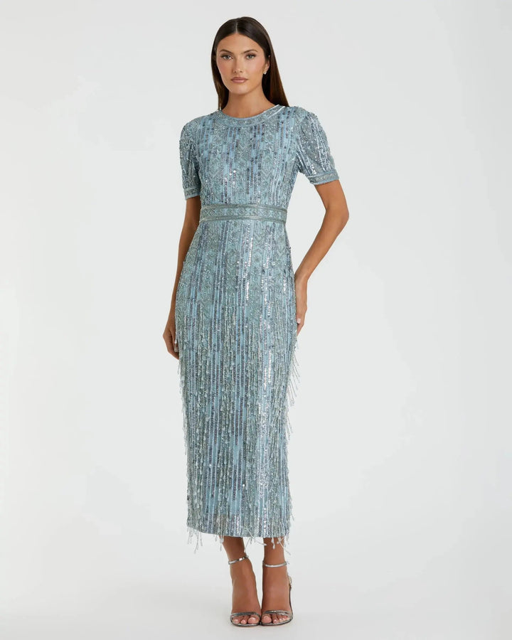 Mac Duggal 5980 Blue High Neck Short Sleeve Crystal Fringe Sheath Dress